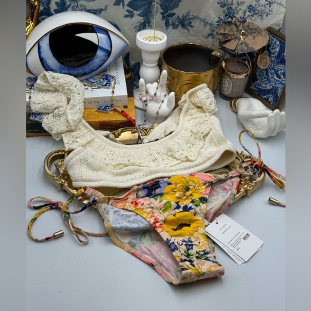 🆕 ZIMMERMANN 🧿 NWT Alight Frill Knit Scoop Bikini, Ivory Floral - SZ 2 US 6/8 - Picture 12 of 15
